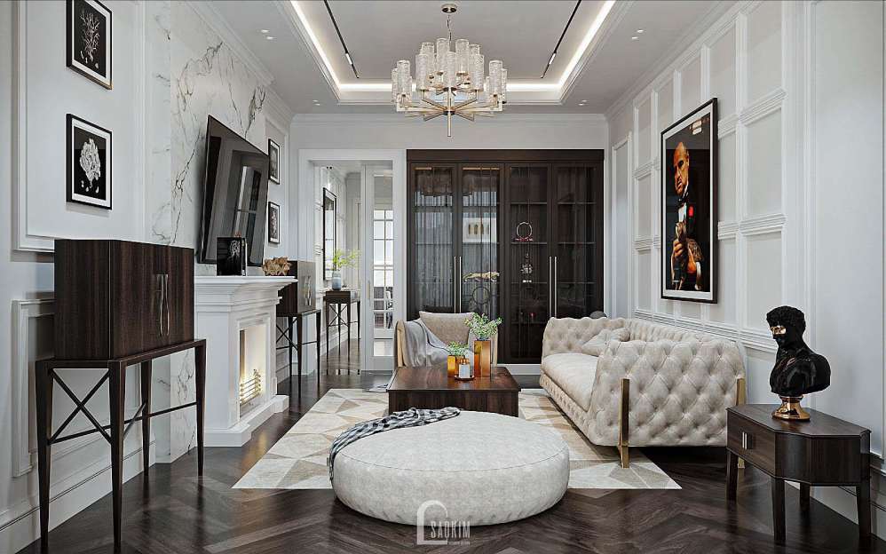 Thiết kế nội thất phòng khách nhà 3 tầng phong cách Tân Cổ Điển mang vẻ đẹp thời gian bước vào từng góc sống
